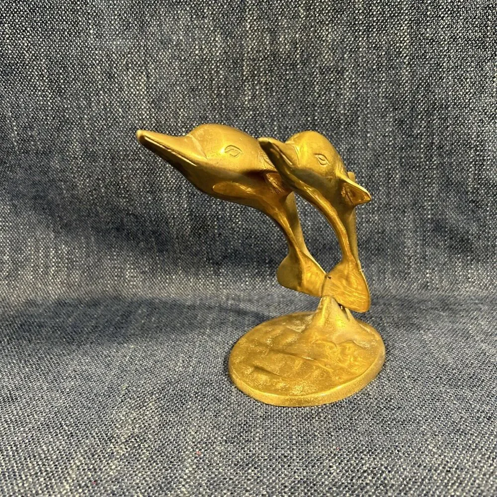 VTG brass dolphin pair leaping figure sculpture paperweight 5.5”
